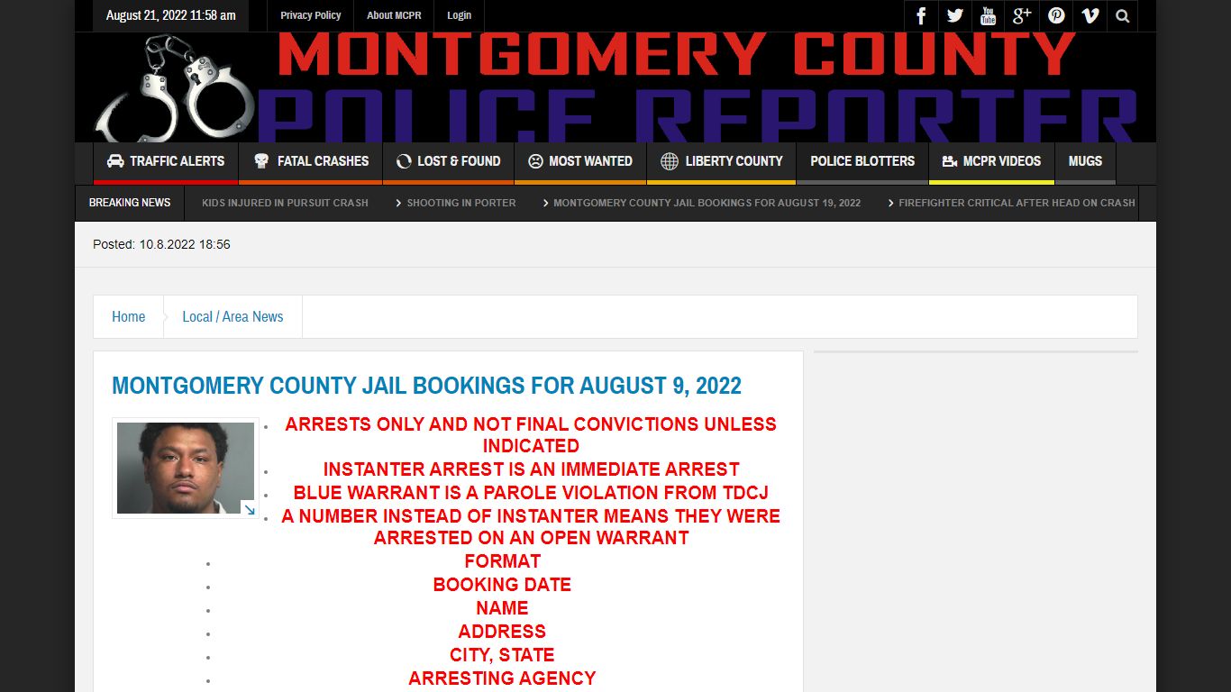 MONTGOMERY COUNTY JAIL BOOKINGS FOR AUGUST 9, 2022